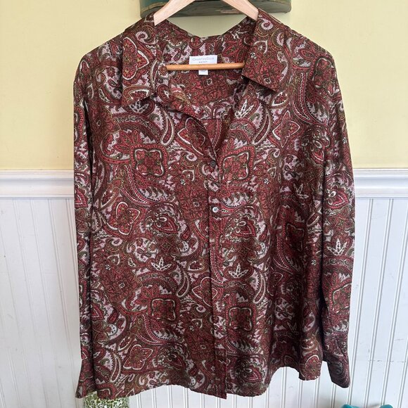 Charter Club Woman Paisley Print Button-Up Shirt 20W 100% Silk Red/Brown - Picture 1 of 5